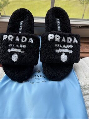 Prada Black Fuzzy Logo Slide Sandals with White Embroidery
